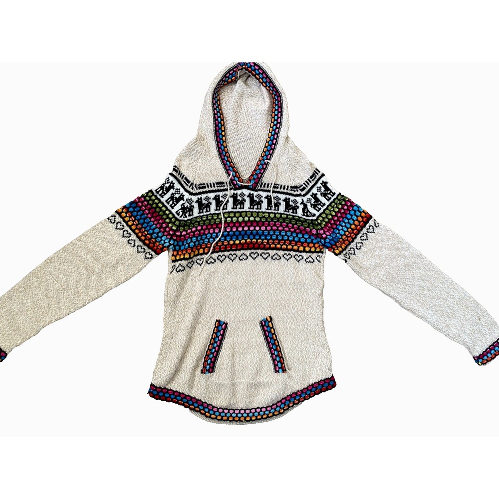 Handmade Artisan‎ Alpaca Sweater Hoodie llama Peru Ecuador Inca Folk Style Wool